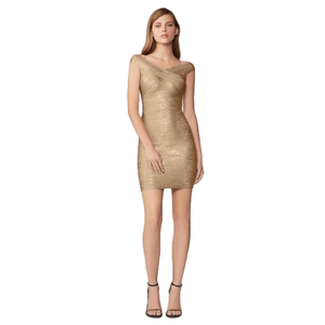 ⭐️ NEW ⭐️ Hervé Leger Paris Criss Cross Foil Bodycon Dress in Gold Size …